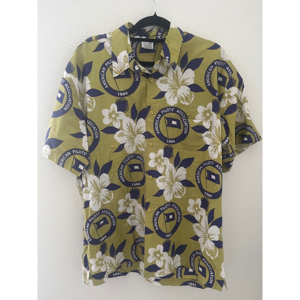 Wet Dog Men's Hawaiian Shirt American Pilots Assoc. Floral Print Olive Size XL